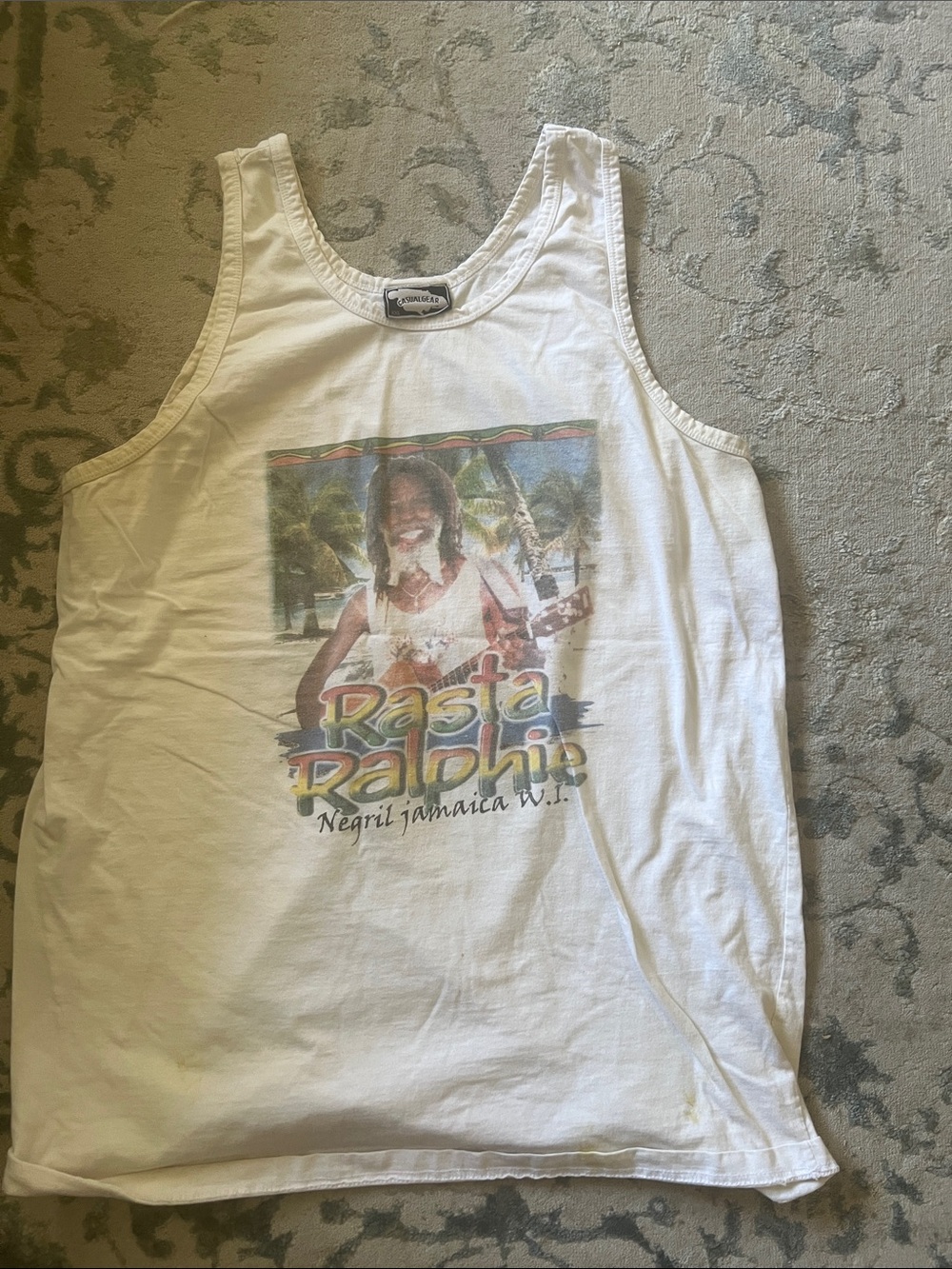 White Graphic Tank Top with Rasta Ralphie Print